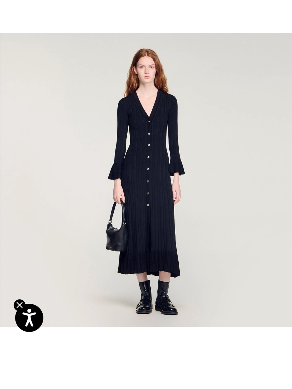 Sandro Black Ribbed V-Neck Button-Front Maxi Dress with ruffle